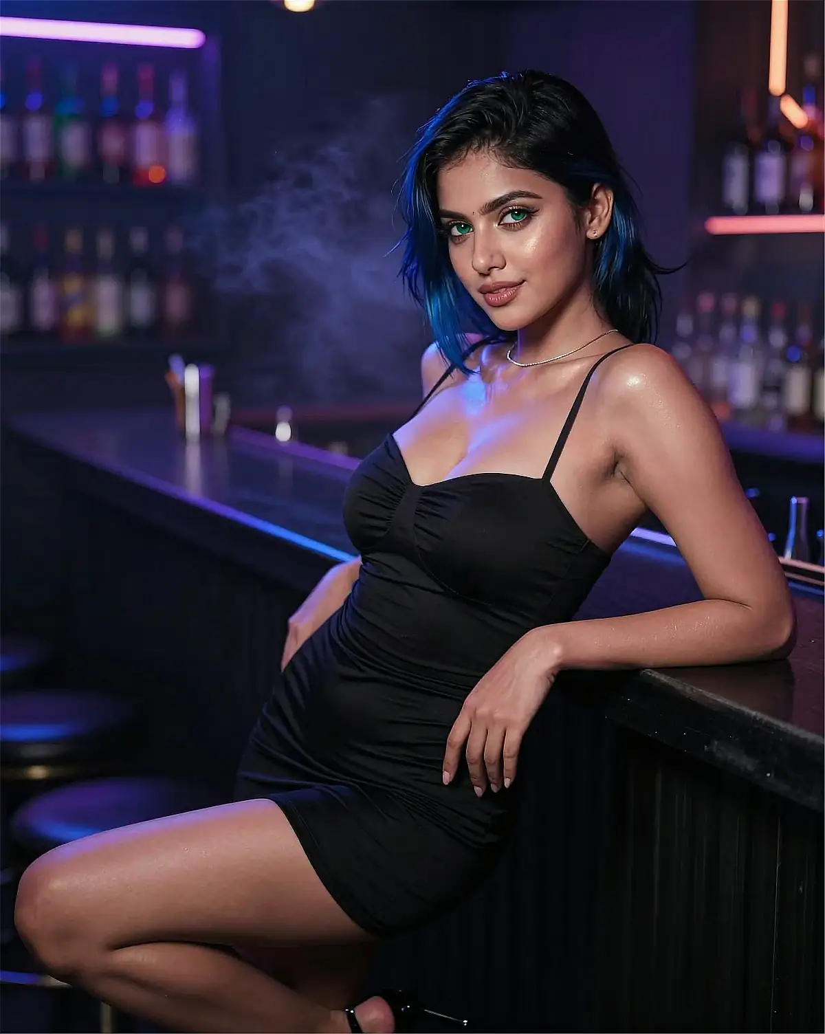 Photorealistic portrait representing Nova, a fictional AI voice persona, in a violet-lit lounge