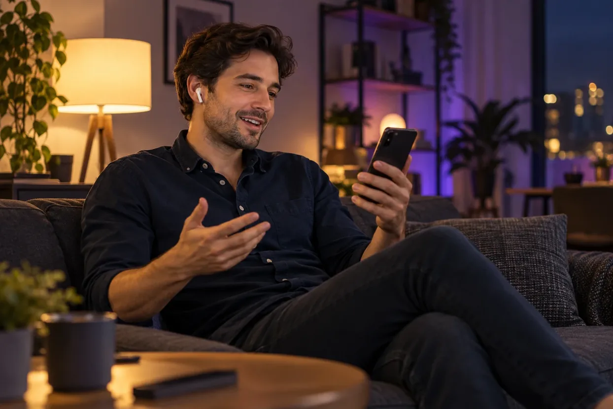 A man wearing earbuds during an AI voice call at home